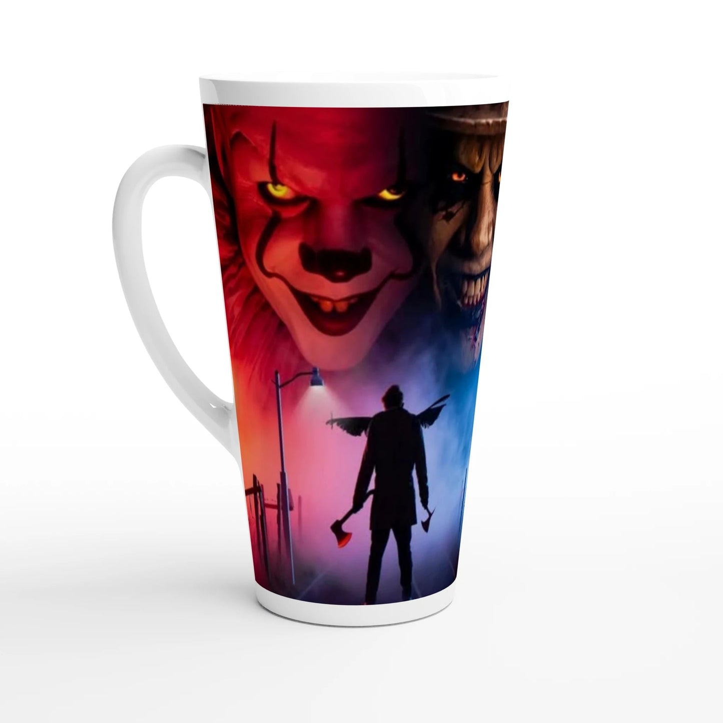 The "Red vs. Blue Horror" White Latte 17oz Ceramic Mug - T.Eddy’s Art Studio