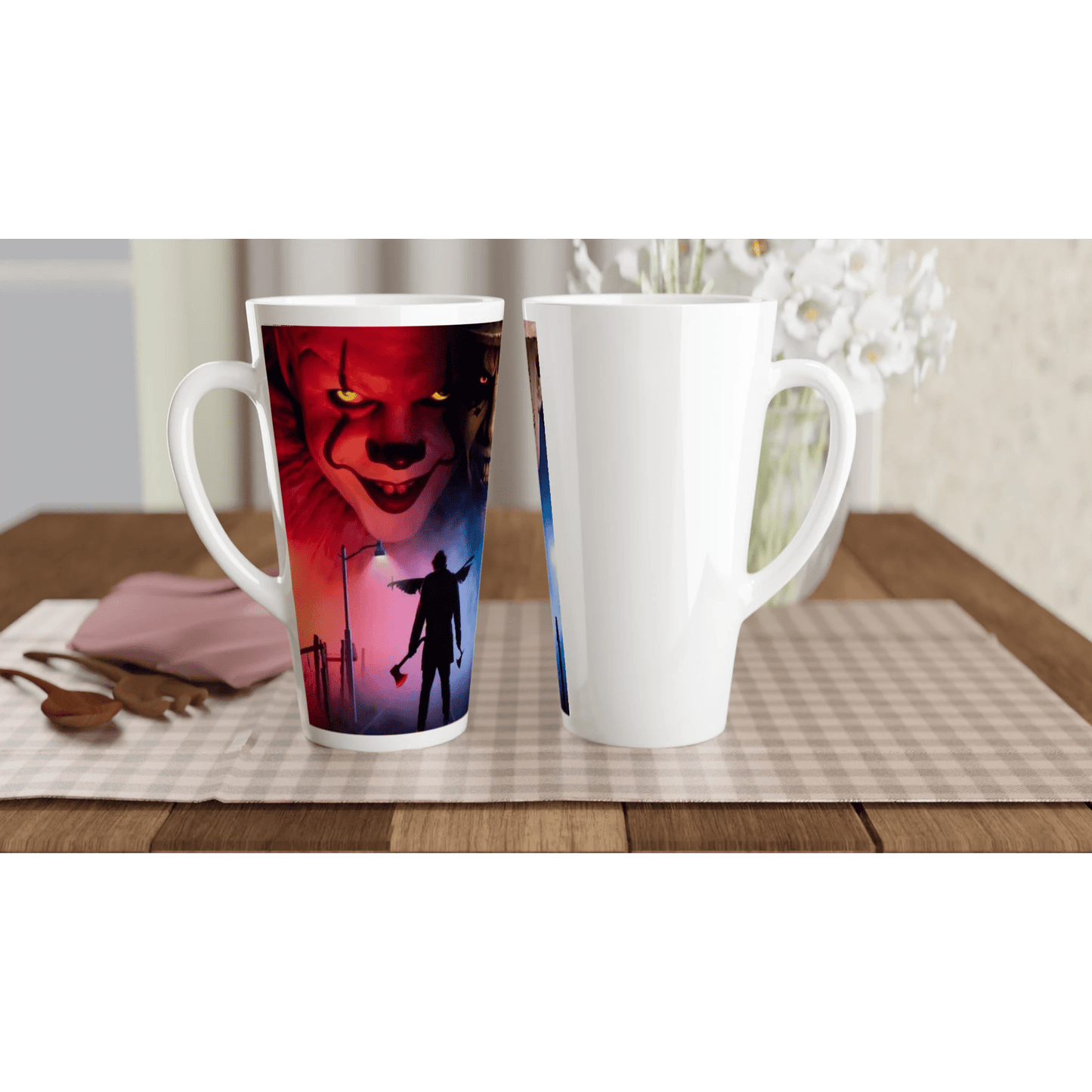 The "Red vs. Blue Horror" White Latte 17oz Ceramic Mug - T.Eddy’s Art Studio