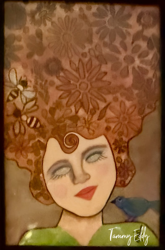 An original 8x10 matted print of Tammy Eddy's whimsical watercolor painting, "Bee-loved."