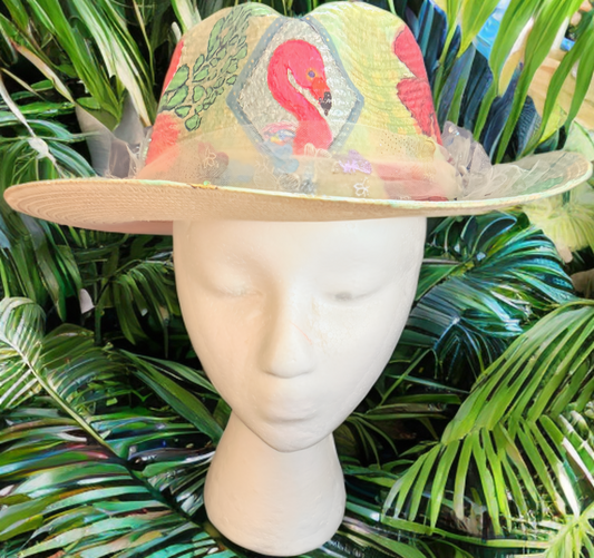 Tammy's Hand-Painted Flamingo & Hibiscus Sun Hat: