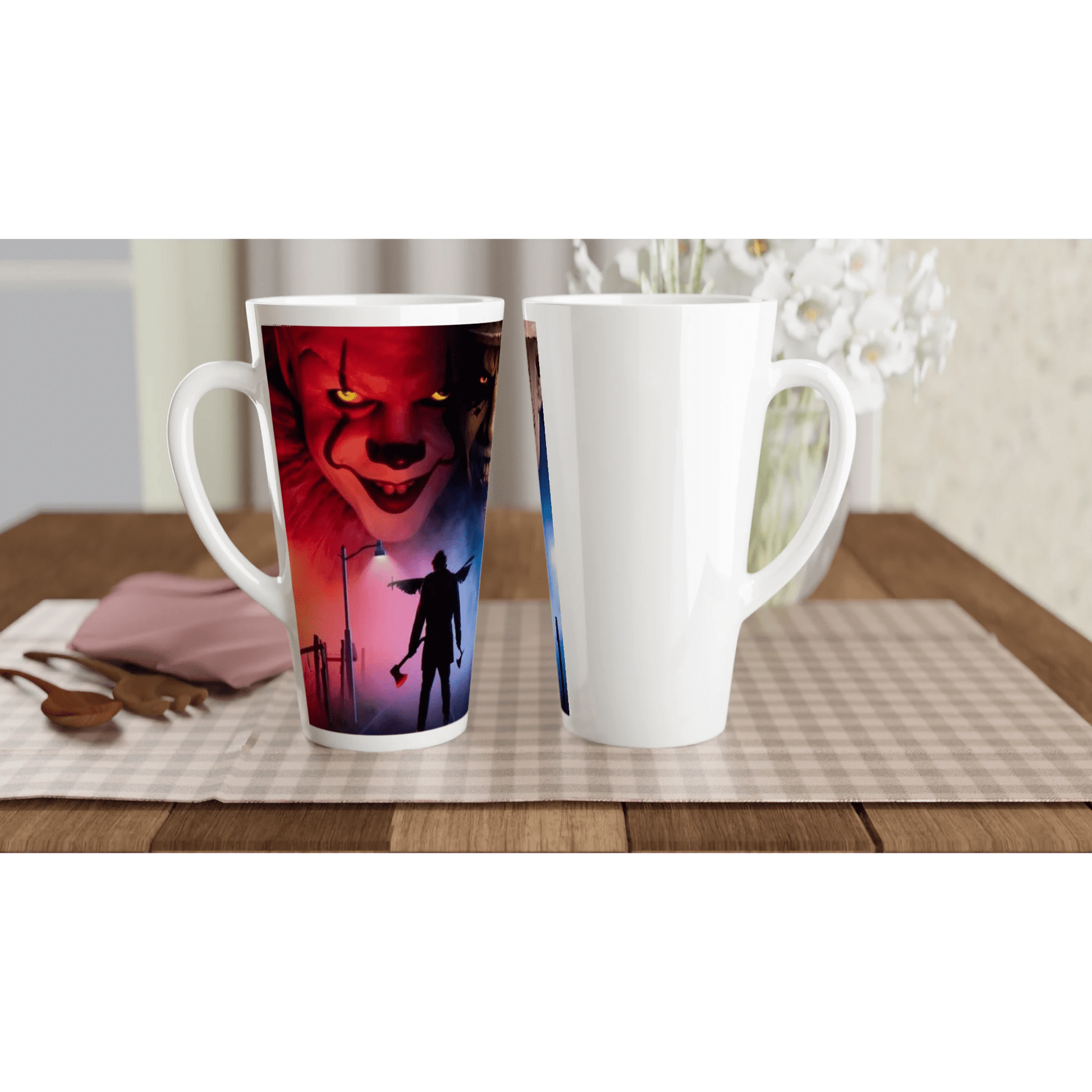 The "Red vs. Blue Horror" White Latte 17oz Ceramic Mug - T.Eddy’s Art Studio